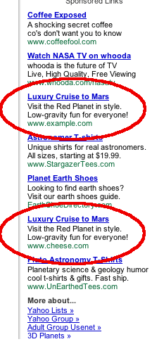 Screenshot of Google ads for luxury cruises to Mars