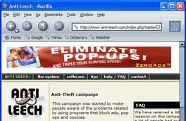 Screenshot of anti-leech website with pop-up blocking software ad